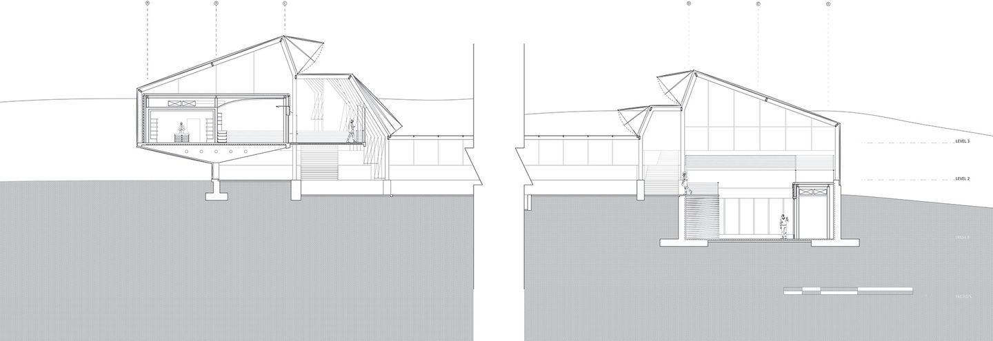Computer drawing of a building section, one space elevated above the ground plan, the other anchored into the ground plane, facing each other.