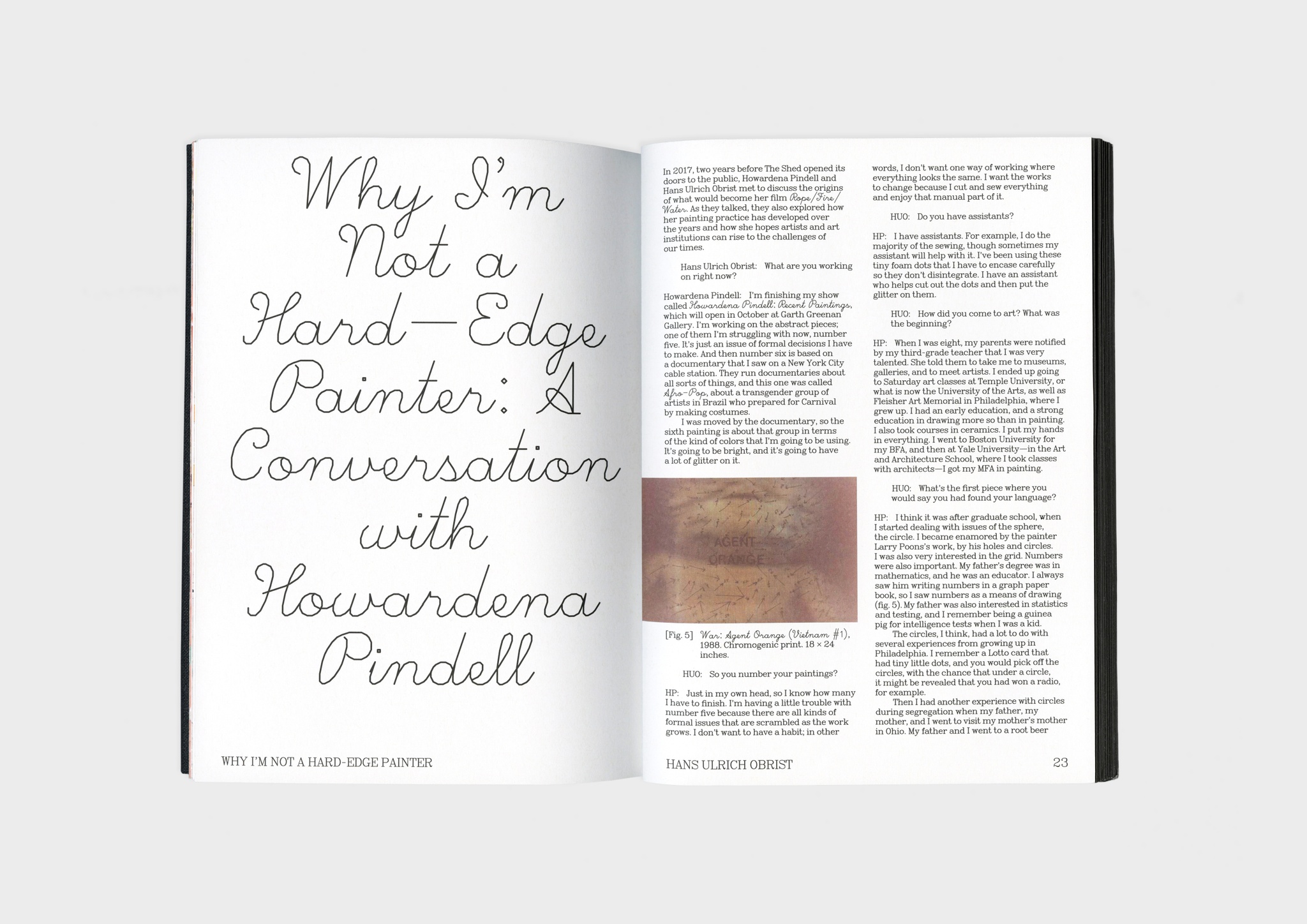 A spread of the catalogue "Howardena Pindell: Rope/Fire/Water." The left-hand page has the title "Why I'm Not a Hard-Edge Painter: A Conversation with Howardena Pindell," printed in script. The right-hand page has two columns of text with an image intervening in the first column. 