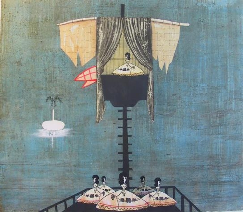 Image of a black ship masthead in front of a blue background with figures in dresses located above and below the masthead