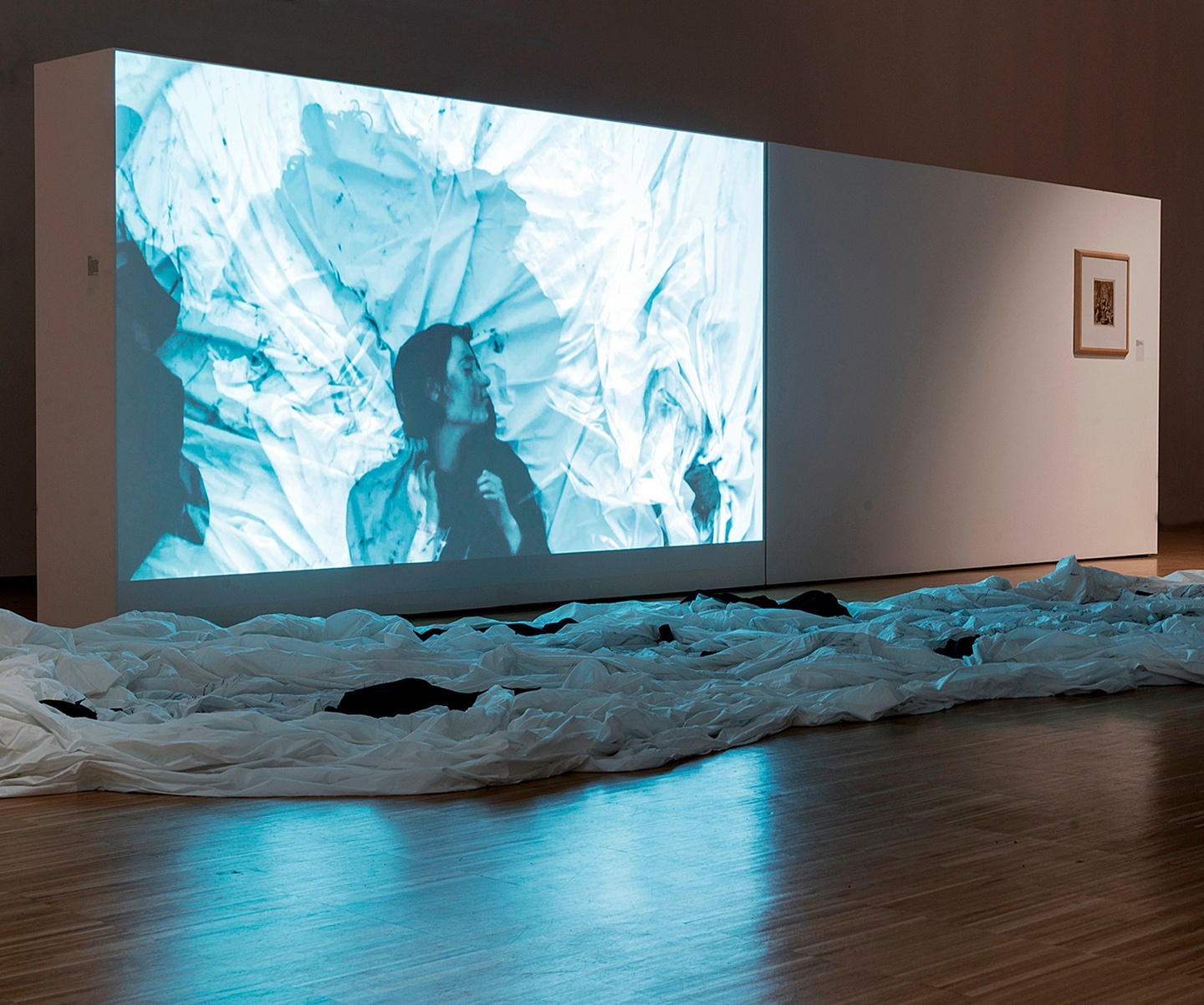 Installation of a gallery: on a white wall is a frame at its rightmost section; to the left a video is projected onto the wall: in this video a person is surrounded by (likely stained? Dyed?) fabric, with streaks of color running down their cheeks. Before the wall are scattered stretches of fabric, some white, some black.