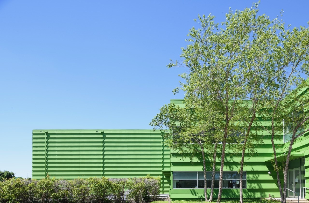 Exterior facade of a bright, mint green building with numerous horizontal pleats; a tree stands tall in front of the right side of the building.
