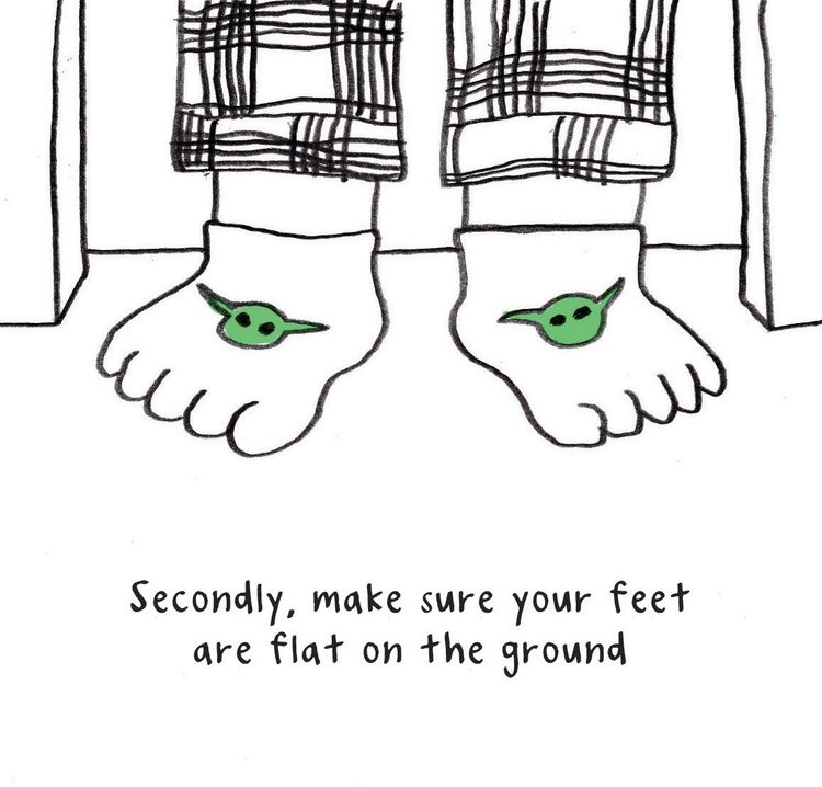 Line drawing of two feet flat on the floor wearing Baby Yoda toesocks.
