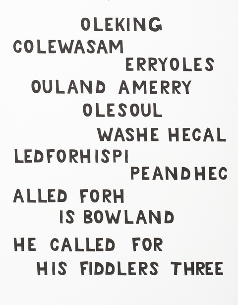 Image of black text screen printed on a white background spelling out the nursery rhyme, "Old King Cole".