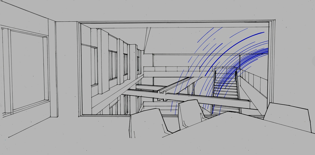 Traditional architectural sketch of sculptural installation (in blue color) in the HQ space, from the perspective a person in a room with a window facing the open space