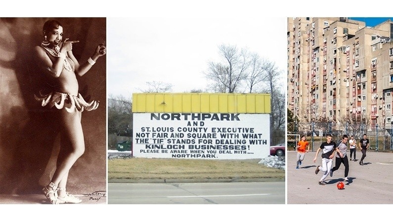 Three-panel image: (left) a sepia-toned photograph of a smiling dancer in a leotard; (middle) a white billboard-like sign on the ground with a yellow top; in black type, it says "Nortpark and St. Louis County Executive Not Fair and Square With What the "TIF" Stands for Dealing with Kinloch Businesses! Please Be Aware When You Deal With...Northpark" and (right) Several kids playing soccer on the blacktop, with multilevel concrete buildings in the background.