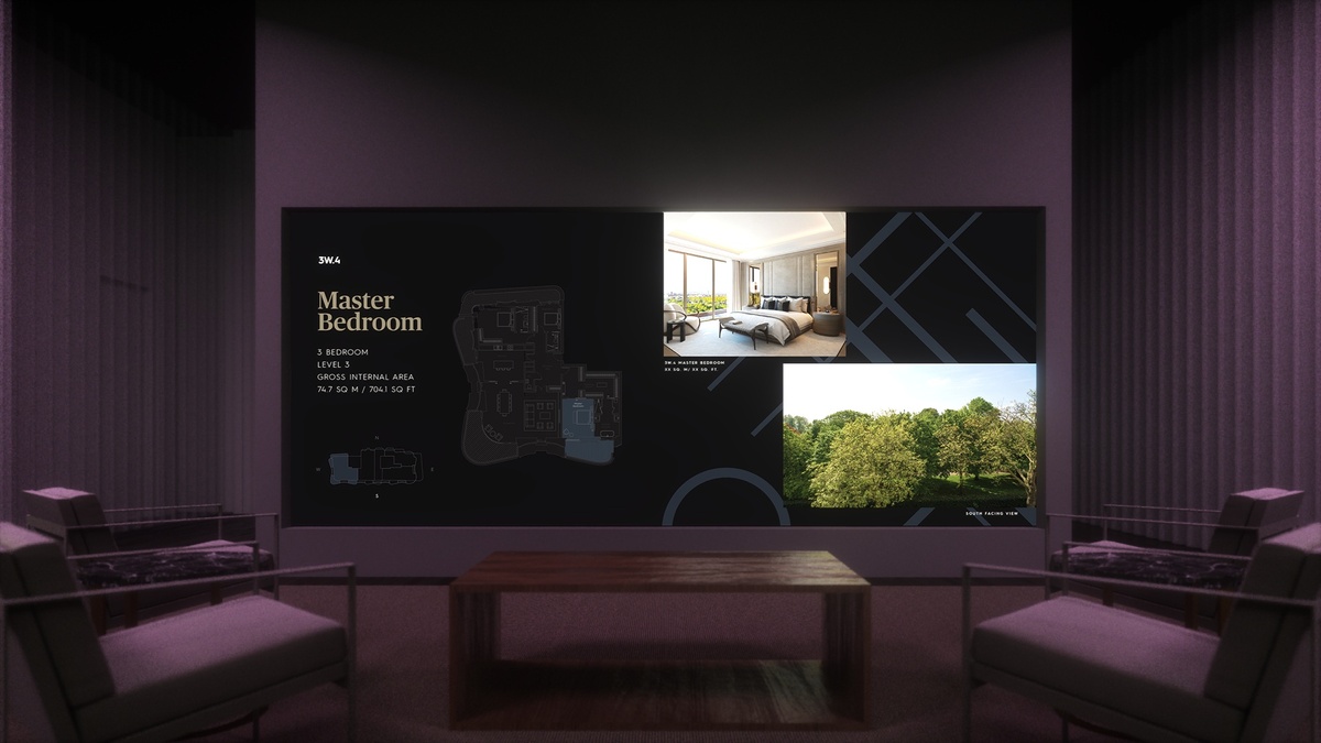 Render of the apartment viewing area within the experience, of two dark purple armchairs and table facing a large screen