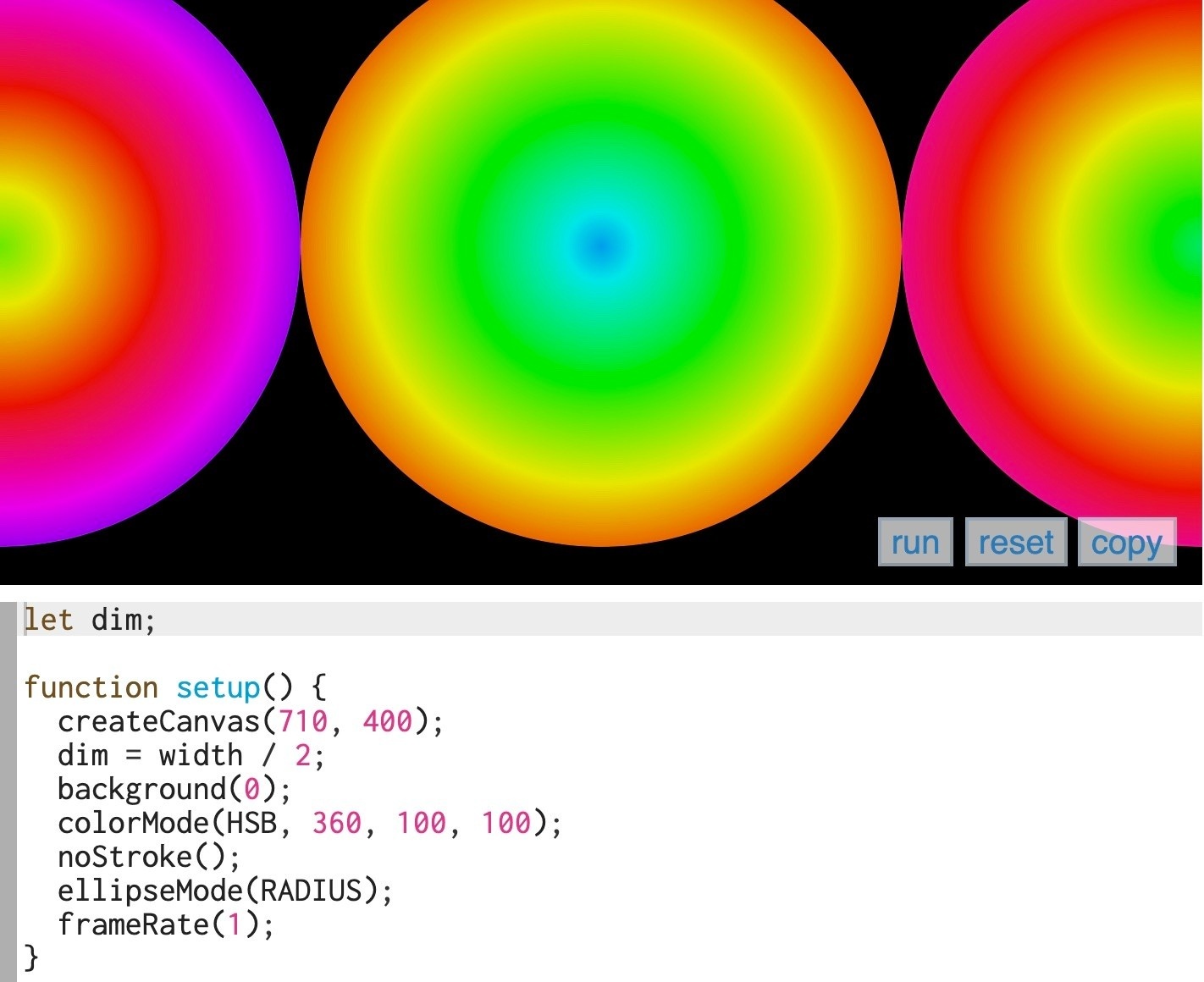 Three multicolored circles on a black background. Below it some basic code to create the forms