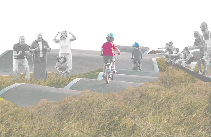 A drawing shows a crowd of people cheering two children bicycling on as they ride on a path. 