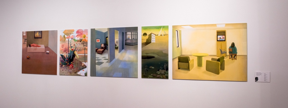 Row of five illustrated prints of large, surreal, lonely spaces including a living room, a park, a hospital waiting area, an empty field, and a doctor's office waiting room.