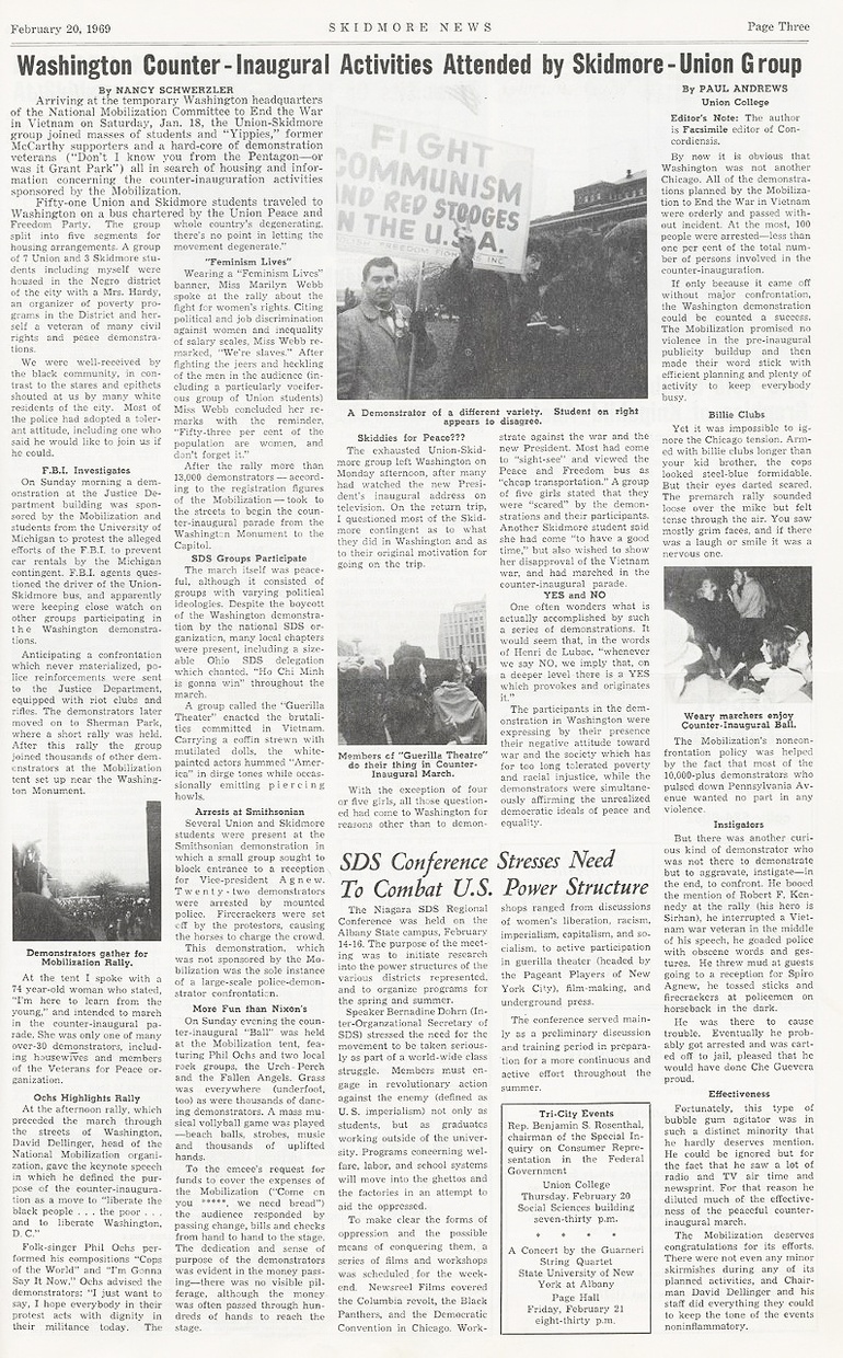 A page of a newspaper has several columns of text punctuated by small black and white images. The top headline reads “Washington Counter-Inaugural Activities Attended by Skidmore-Union Group.”