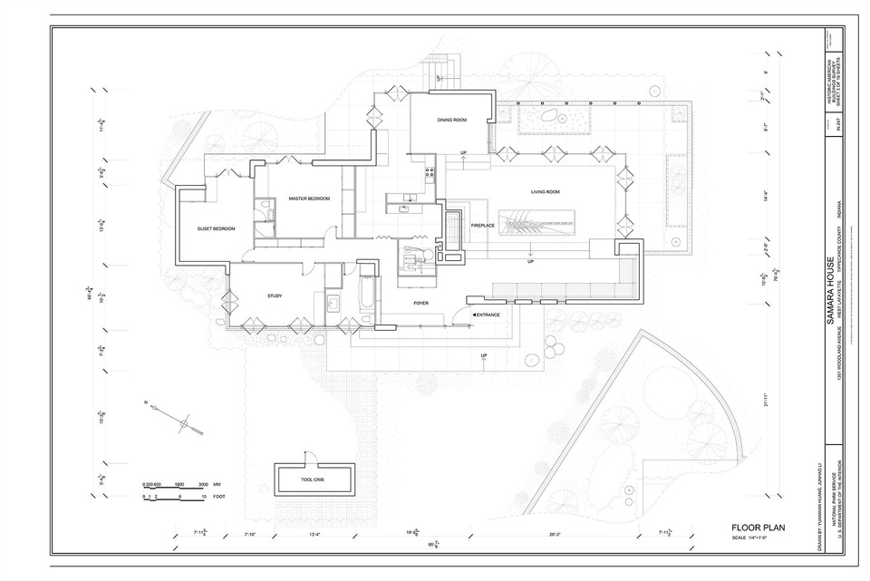 Floor plan of the main level of SAMARA House, plus an outdoor tool crib.