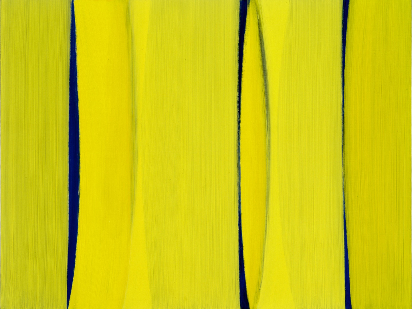 An abstract painting of yellow vertical bands of color on top of a dark blue field