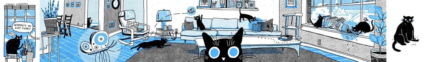 Extreme wide comic strip depicting a cat in different parts of a living room with a small panel at the end of a very well fed cat 