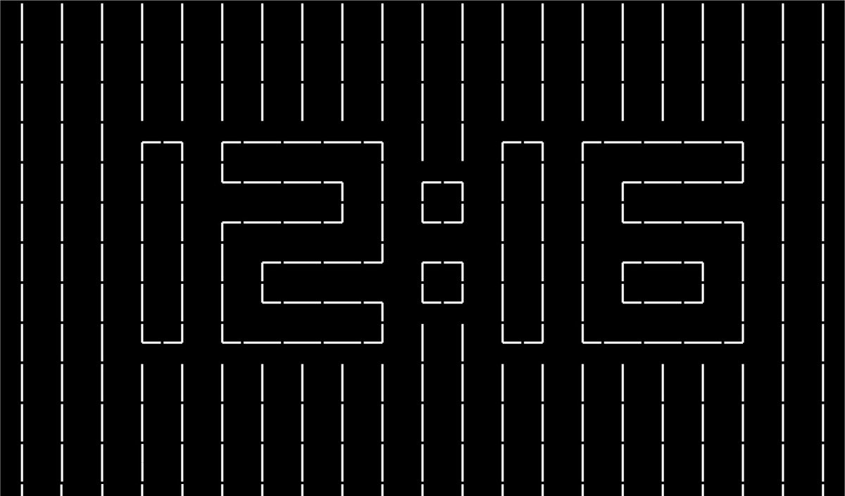 Graphic of black and white tickers, displaying the time 12:16
