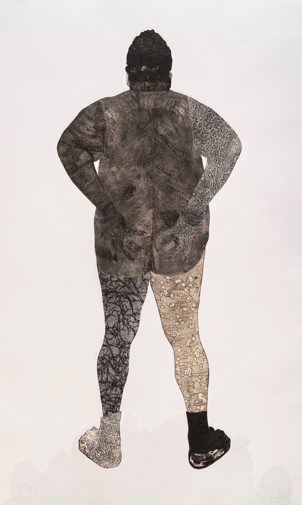 back of standing nude figure printed in black and gray