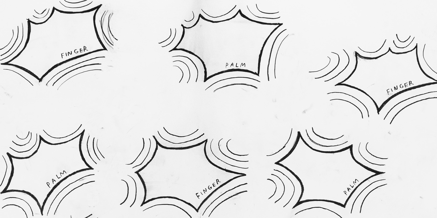 Drawing of hexagons with curved sides, each with additional curved lines around them like waves emanating from them. Inside each one is either the word “palm” or the word “finger.”
