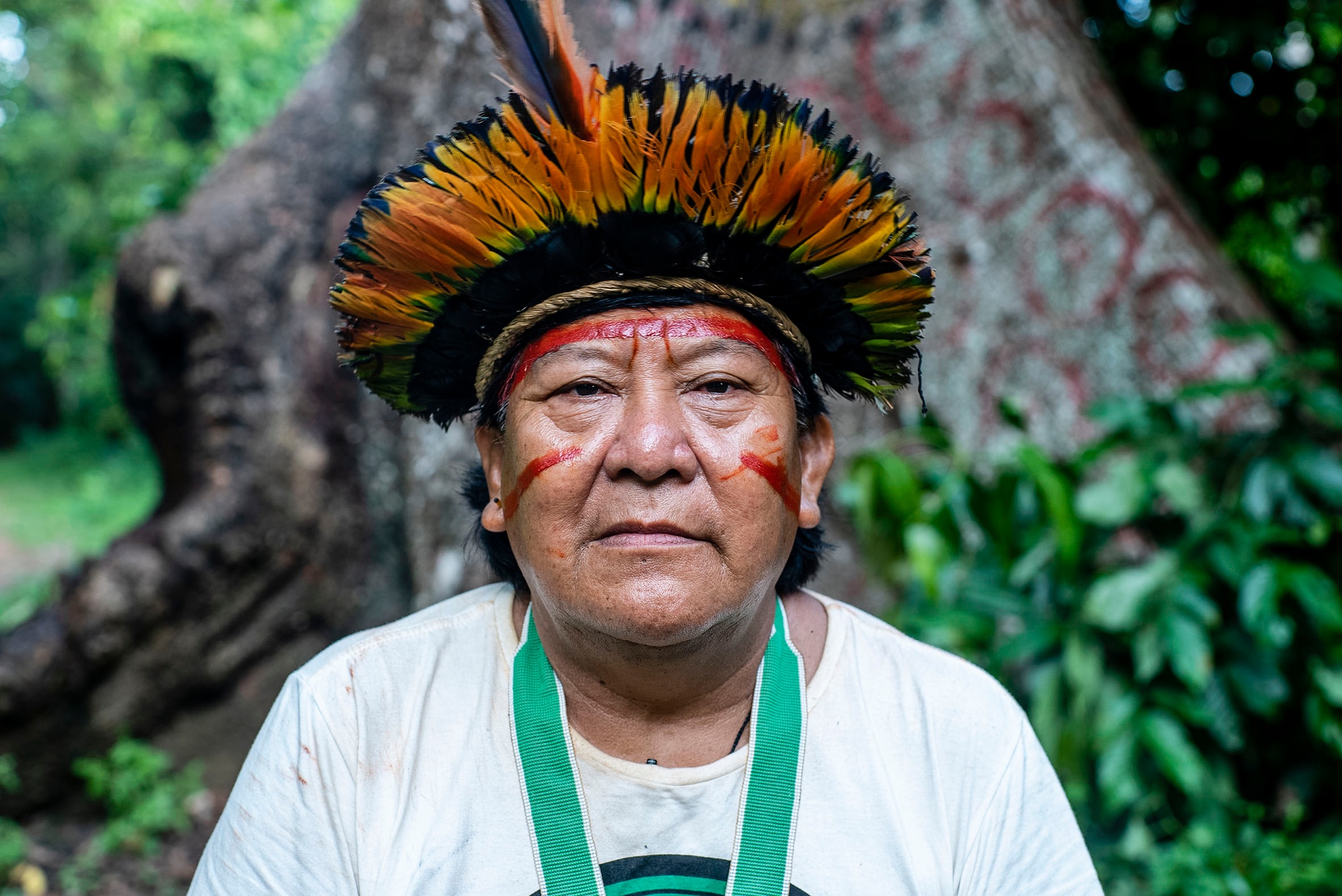 A portrait of shaman and Yanomami leader Davi Kopenawa. An Indigenous Yanomami man sitting in front of a wide tree trunk and lush leaves and other undergrowth. He wears a white t-shirt, a green ribbon around his neck and an array of red and orange feathers across his forehead. 