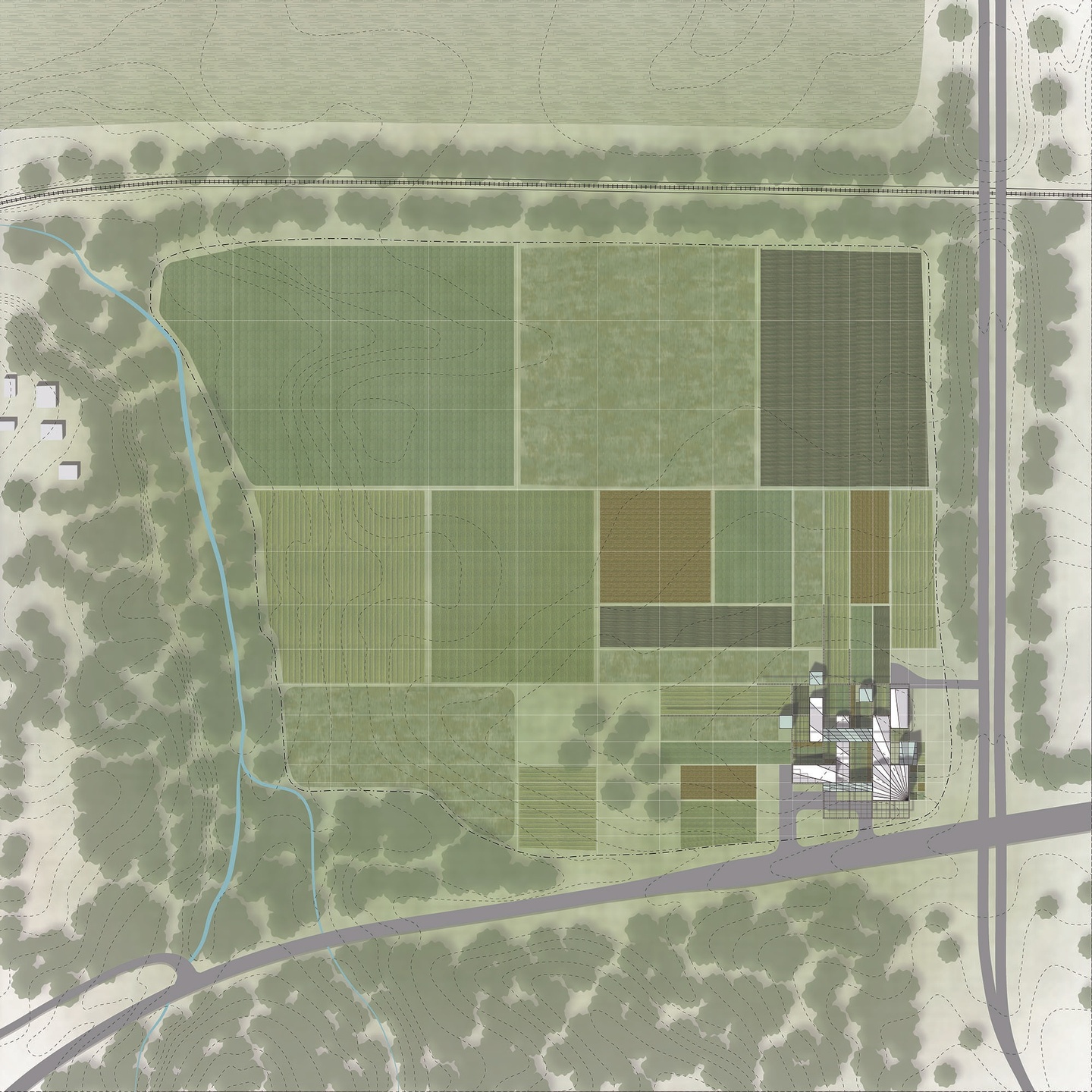Computer rendering of a site plan of agricultural land with an orthagonal building complex on the corner of two roads with an overlay of linework including site topography.