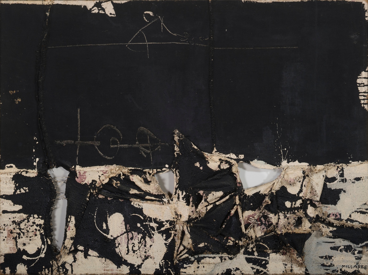A canvas with black paint covering the top half and splatters of black paint and ripped sections of canvas in the lower half