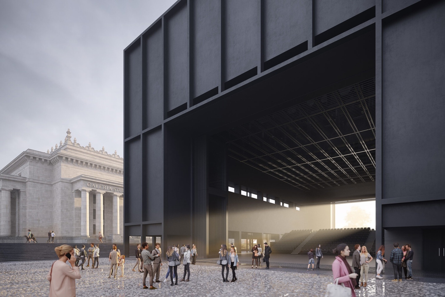 Rendering of an imposing black building on a cobblestone street stands in direct contrast to a classical, white building across the street. A vast, light-filled entryway--many stories tall--welcomes passersby. 