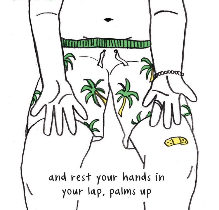 Line drawing of someone's lap wearing palm tree boxers with their hands resting palm up on their thighs.
