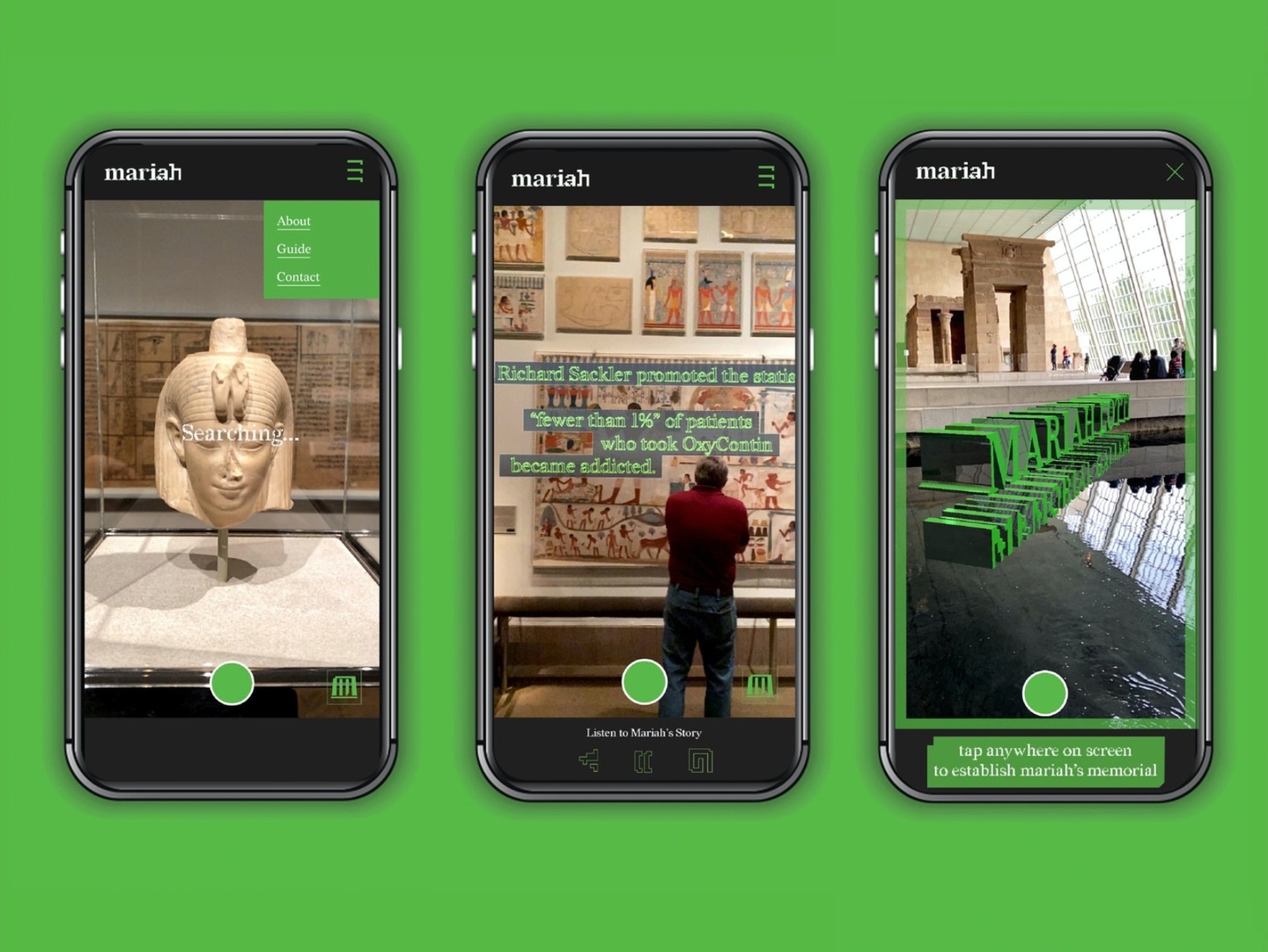 On a bright green background, three mobile phone screens demonstrate an augmented reality app. The screens show ancient artifacts overlayed with text that addresses the object's complicated origin and acquisition story.