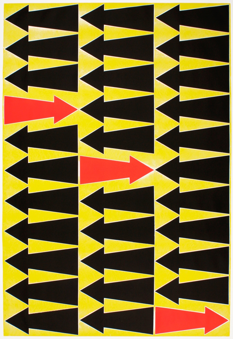 Graphic image of yellow field with many black arrows pointing left and three red arrows pointing right