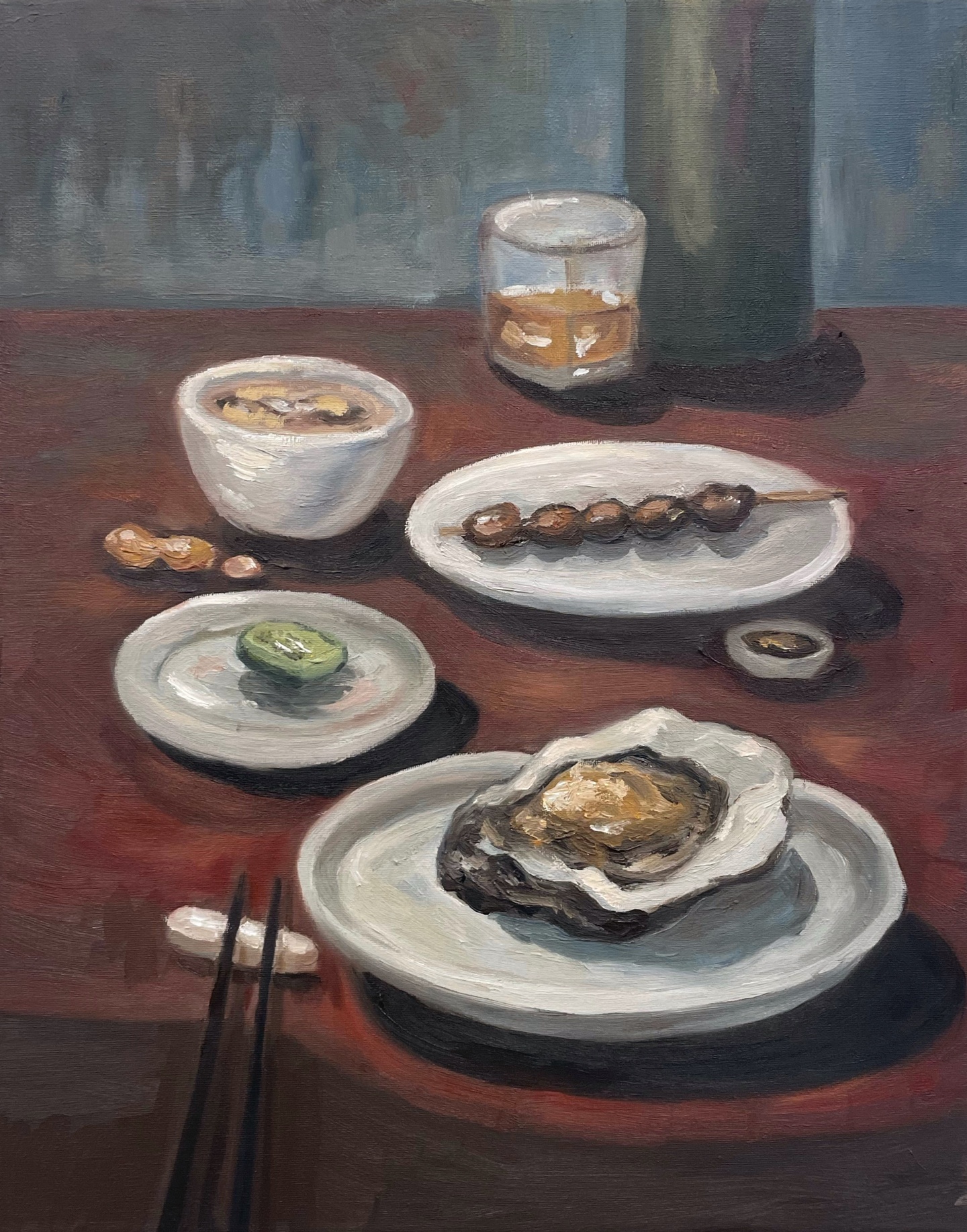 Painting of different foods on plates on a table.