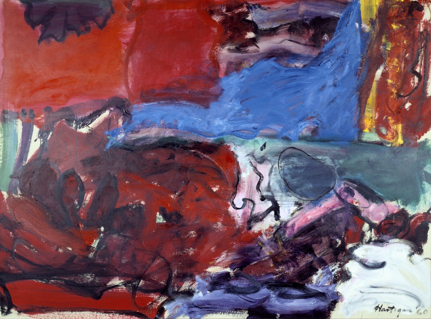 An abstract painting with vibrant red and blue patches