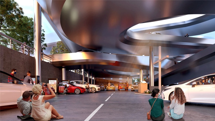 Rendering of people in an open-air parking garage with silver, curved overhead coverings.