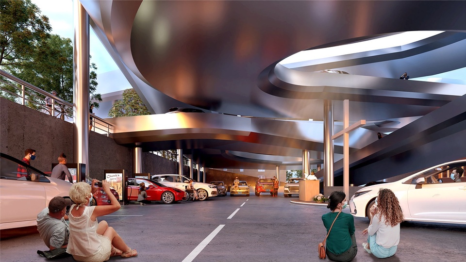 Rendering of people in an open-air parking garage with silver, curved overhead coverings.