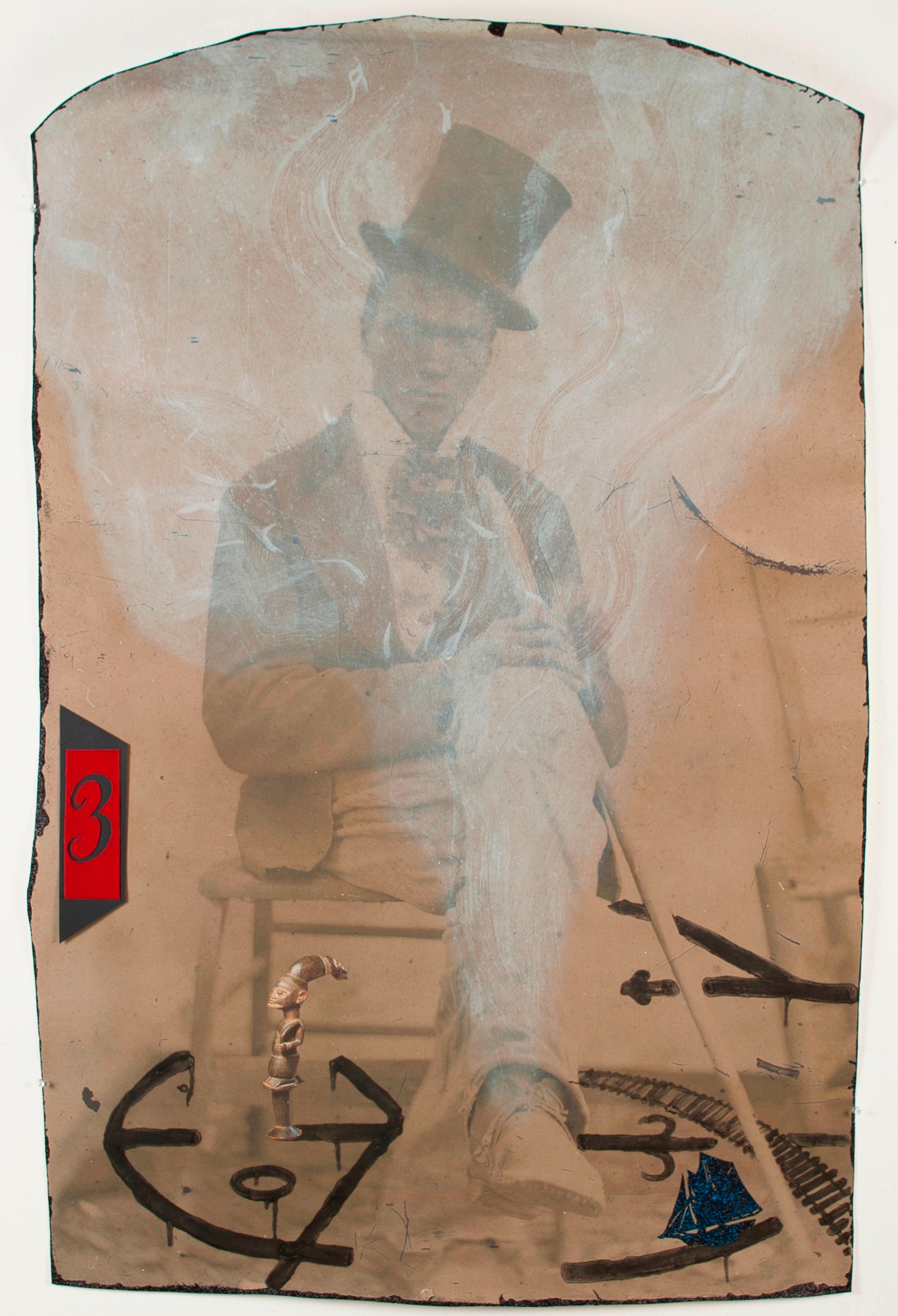 tintype image of man wearing a top hat sitting in a chair with smoky haze, markings on the floor, and the number 3 in red on the left side of the image