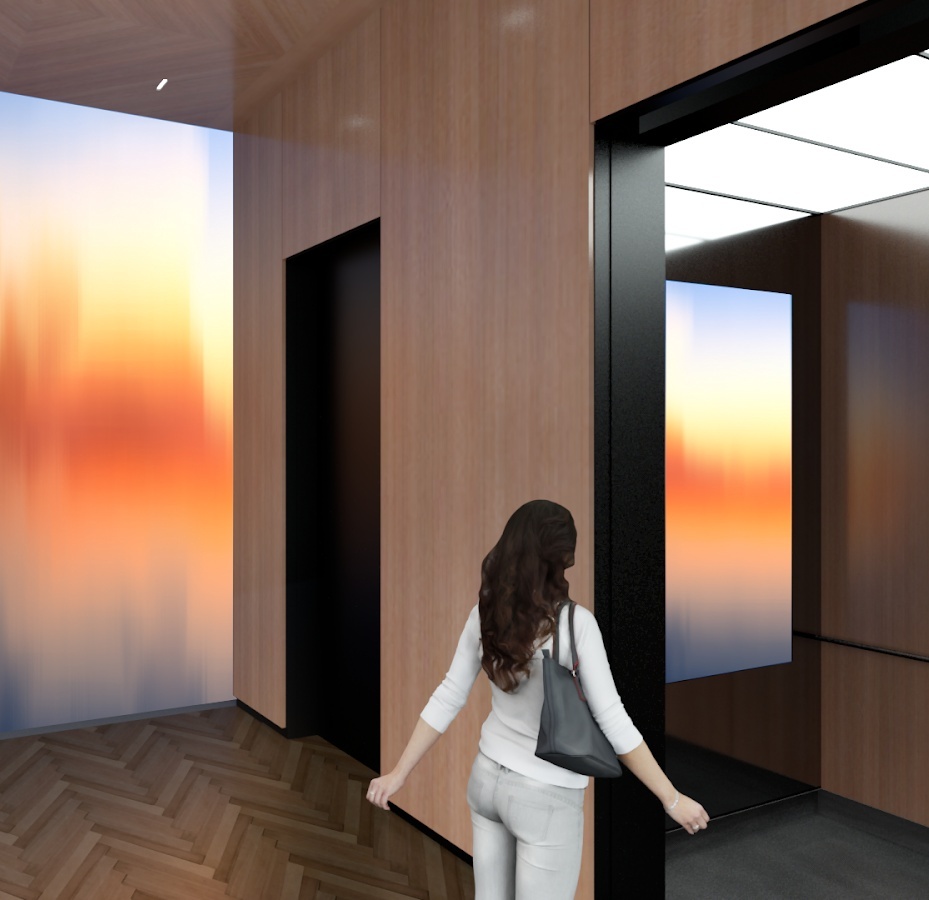 View of woman going into elevator, with digital horizon on wall and in the elevator.
