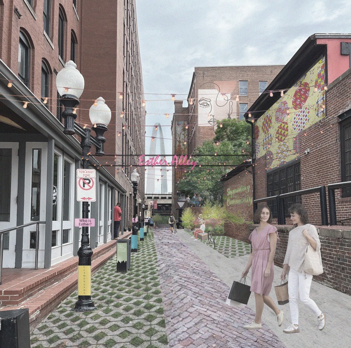 Vibrant rendering looking down a converted bustling alleyway with brick buildings on both sides, and various paver materials with a sign from above reading Esther Alley with the St. Louis Arch as the focal point in the background.