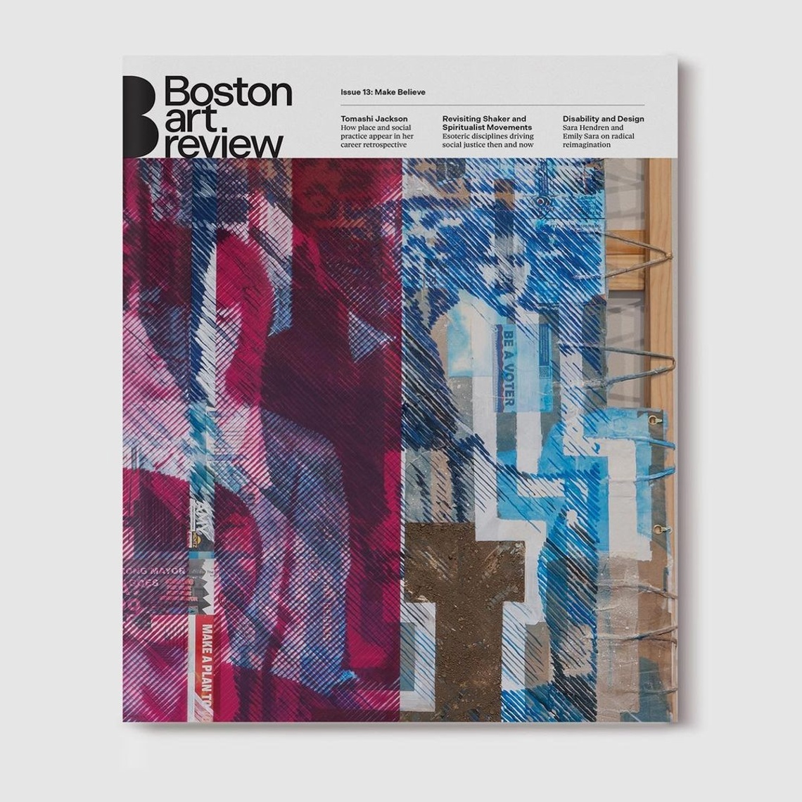 A section of Tomashi Jackson's Time and Space (2020) with jagged magenta and blue halftone lines with visible rope attaching it to a wooden canvas frame