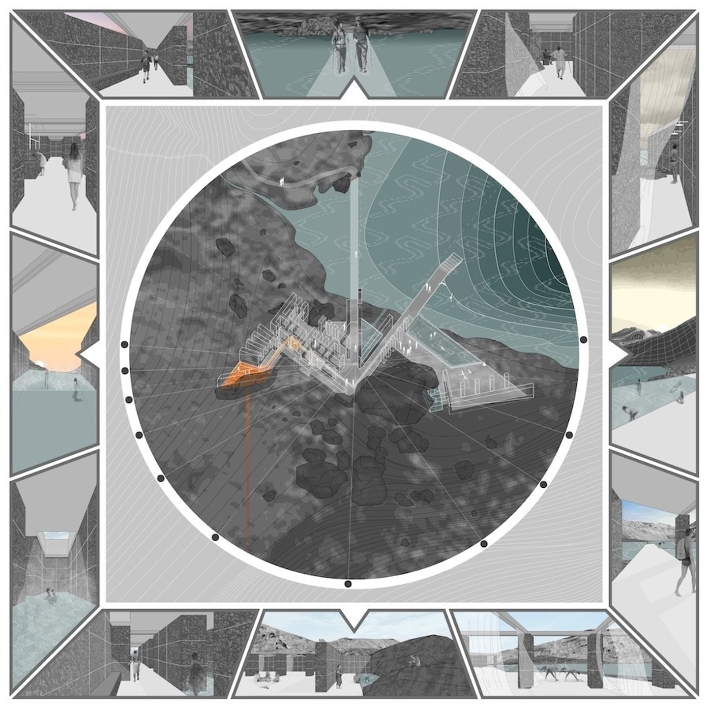 drawing for thermal bath inside a circle with surrounding images of people using the space