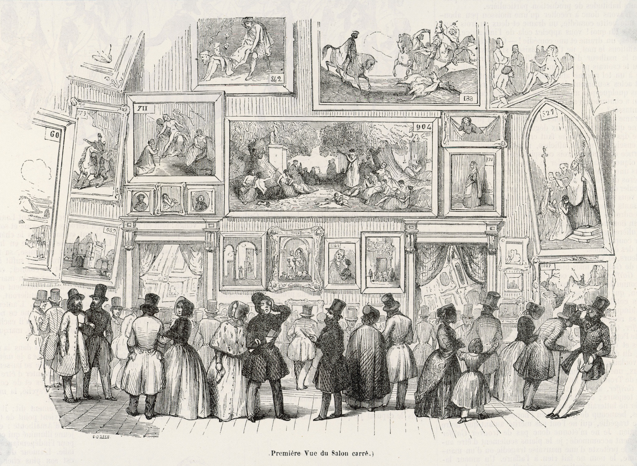 A reproduction of a drawing of a 19th-century salon-style art exhibition. Audience members look at a wall with framed artworks