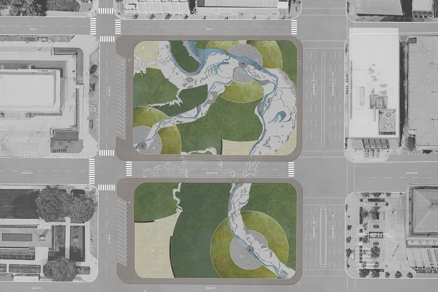 Site plan of a park with a river in the middle of a city. The park spans 2 blocks and the river intersects the road 