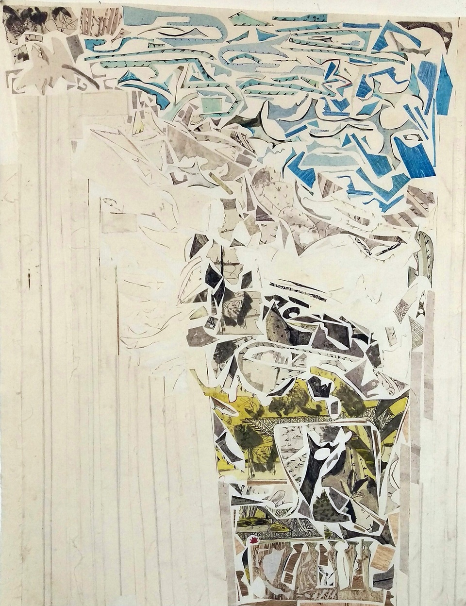 A abstract monoprint collage of off-white, taupe, yellow, and blue shapes