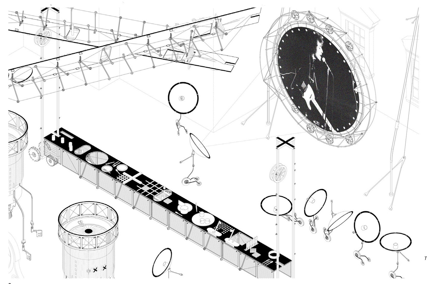 Black-and-white rendering showing a mix of sound and electrical equipment.