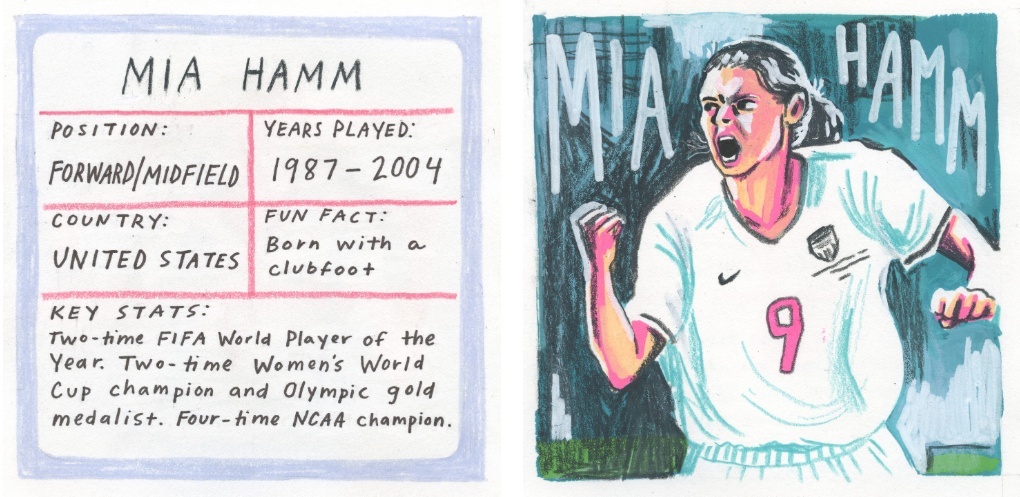 Illustrated spread depicting a portrait of Mia Hamm and her position and key statistics on the right page