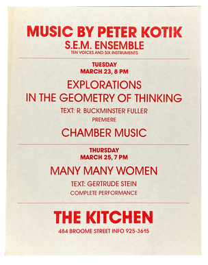 Explorations in the Geometry of Thinking, Chamber Music, Many Many Women, March 1982 [The Kitchen Posters]