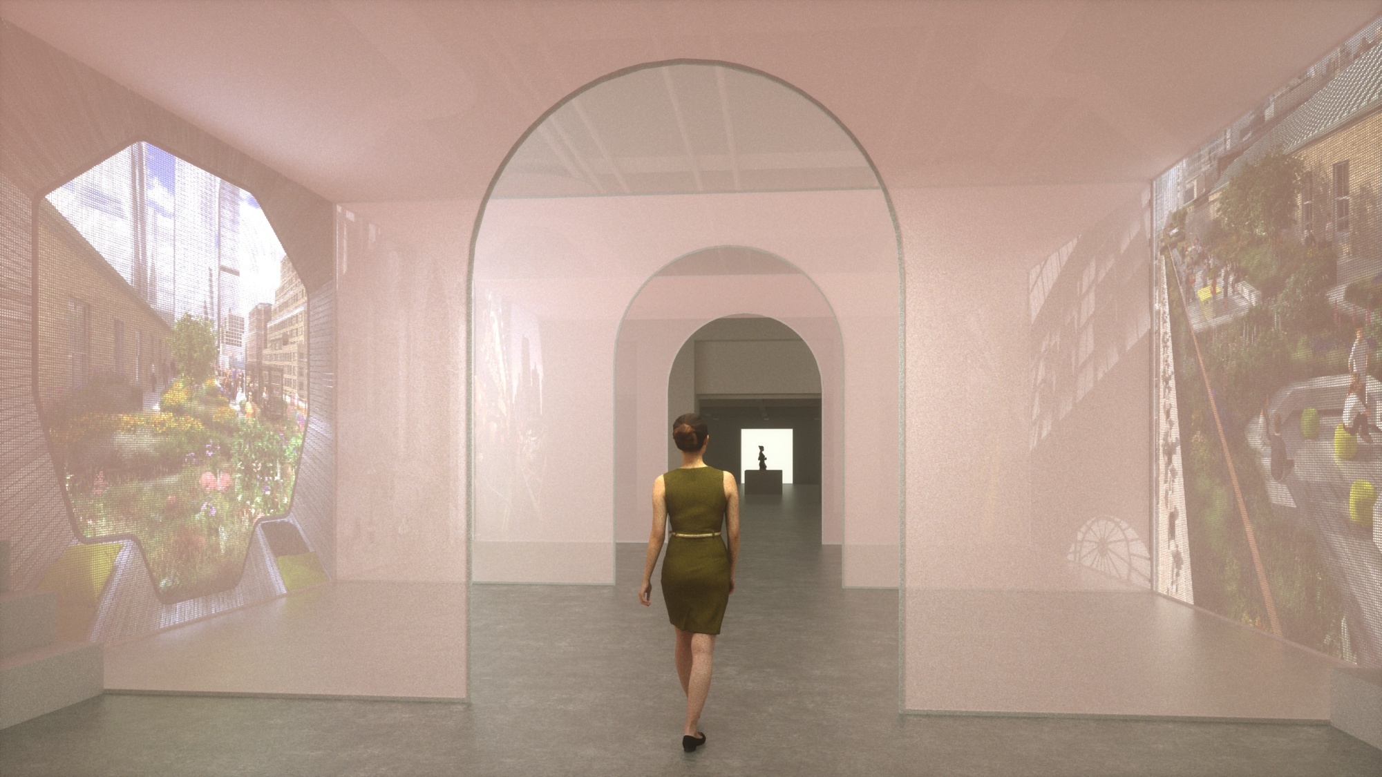 Render of pink scrim archways with digital cutaways to views of NYC