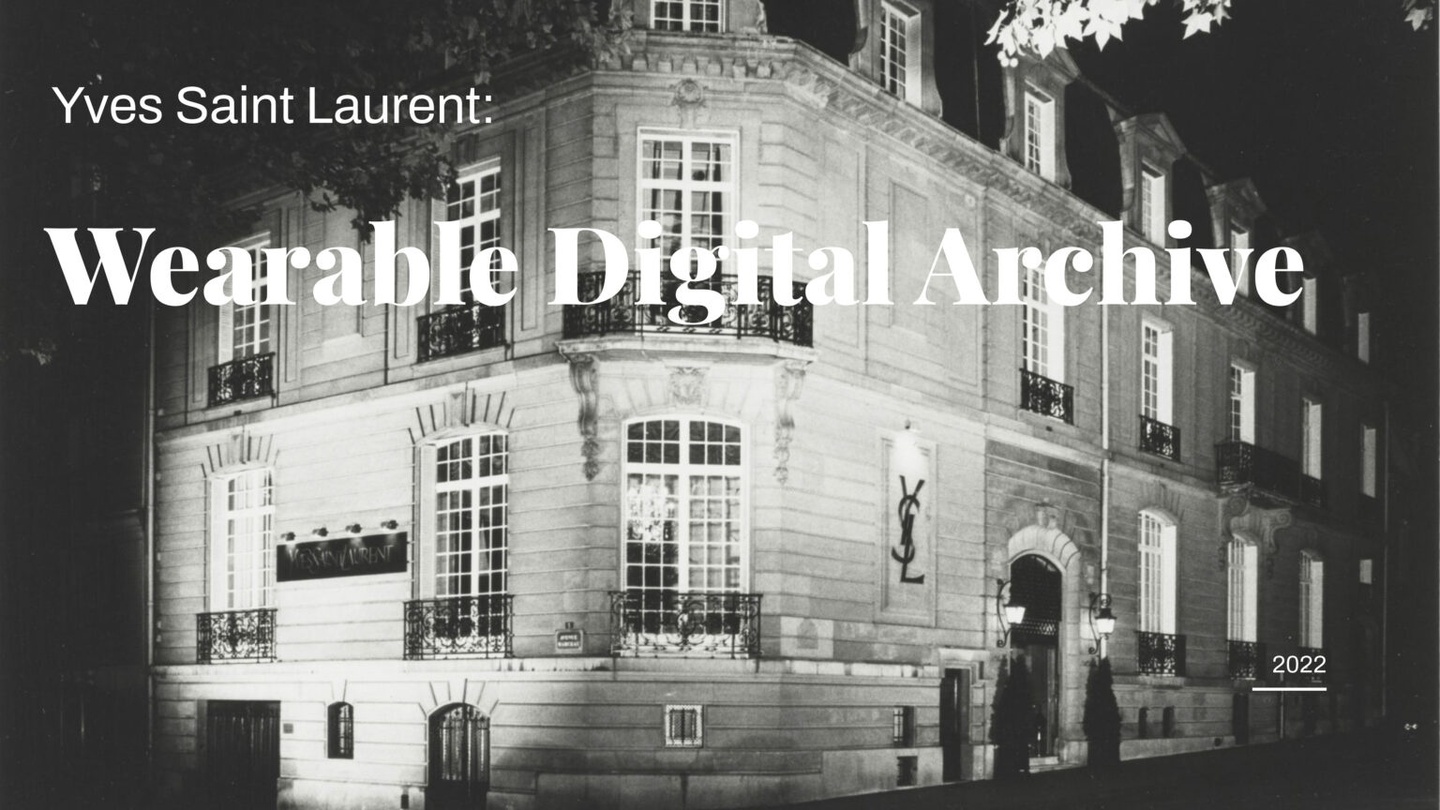 Connor Seger. Image of a historic Parisian building in black and white with the words "Yves Saint Laurent: Wearable Digital Archive" written on top.
