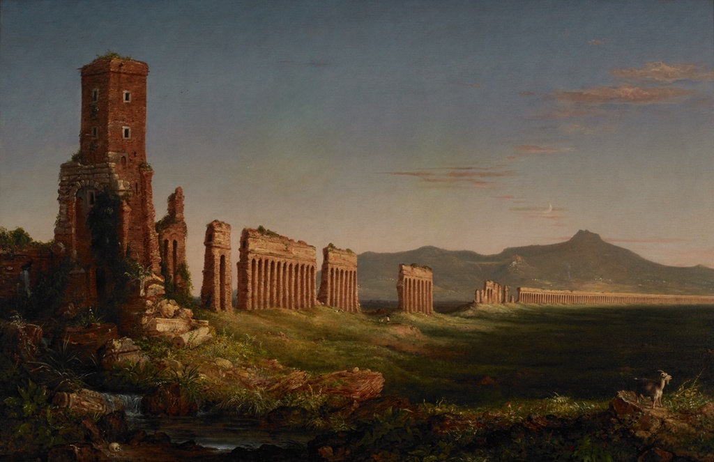 A landscape with ruins of an aqueduct in the foreground and mountains in the distance