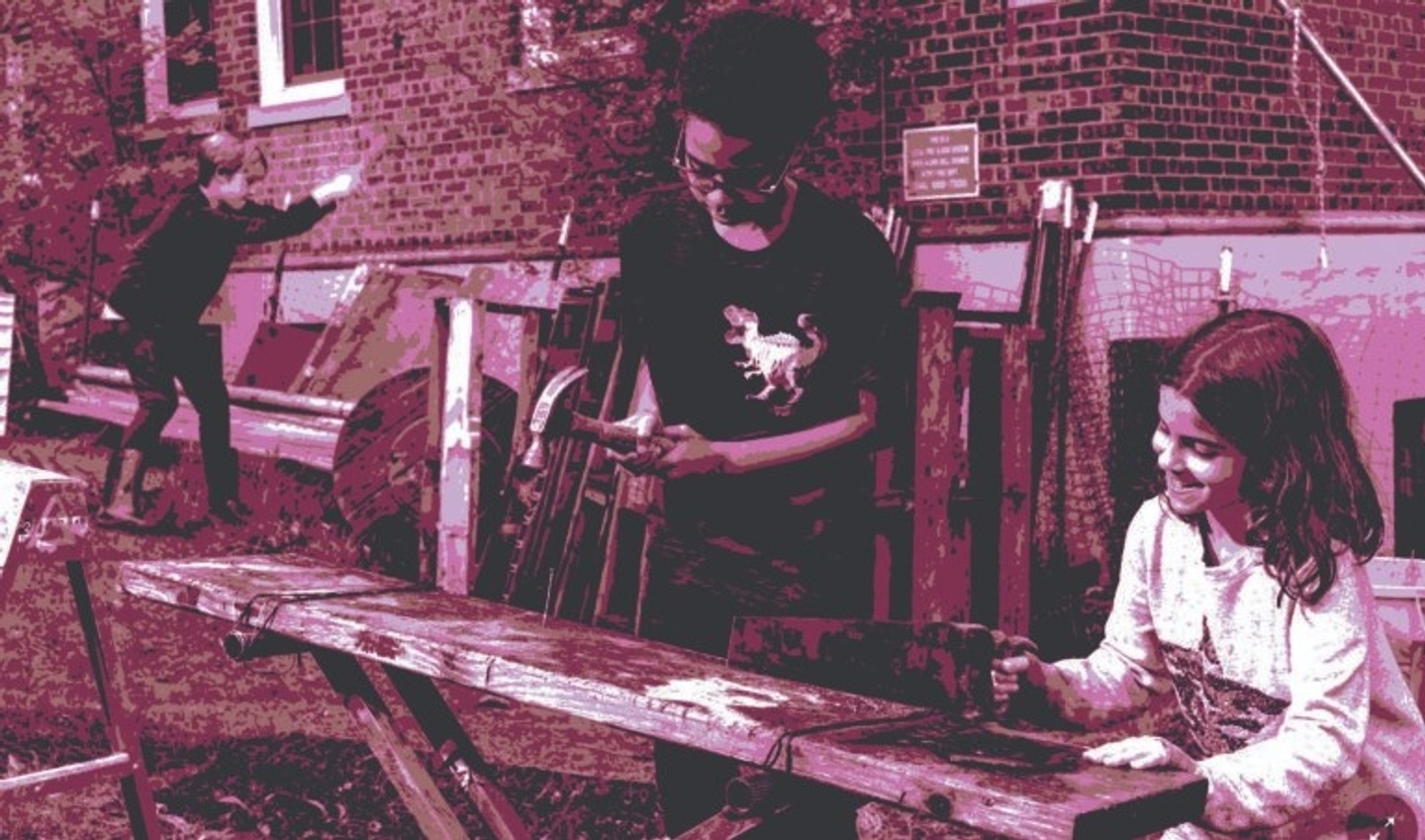 A red-hue processed image of three children outdoors creating art