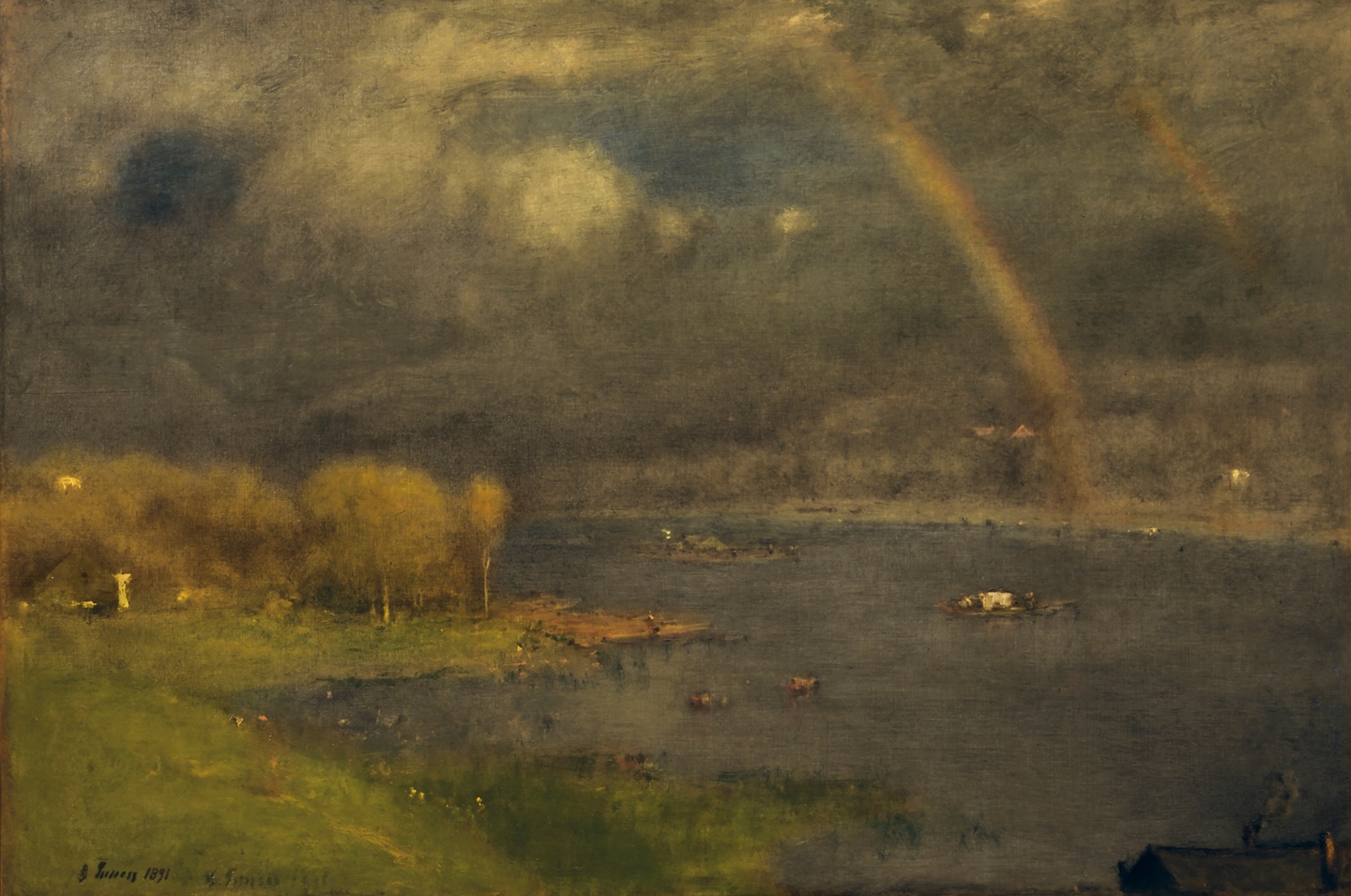 A painting of a landscape, including a small house in the foreground, a river, a cloudy sky, and a rainbow