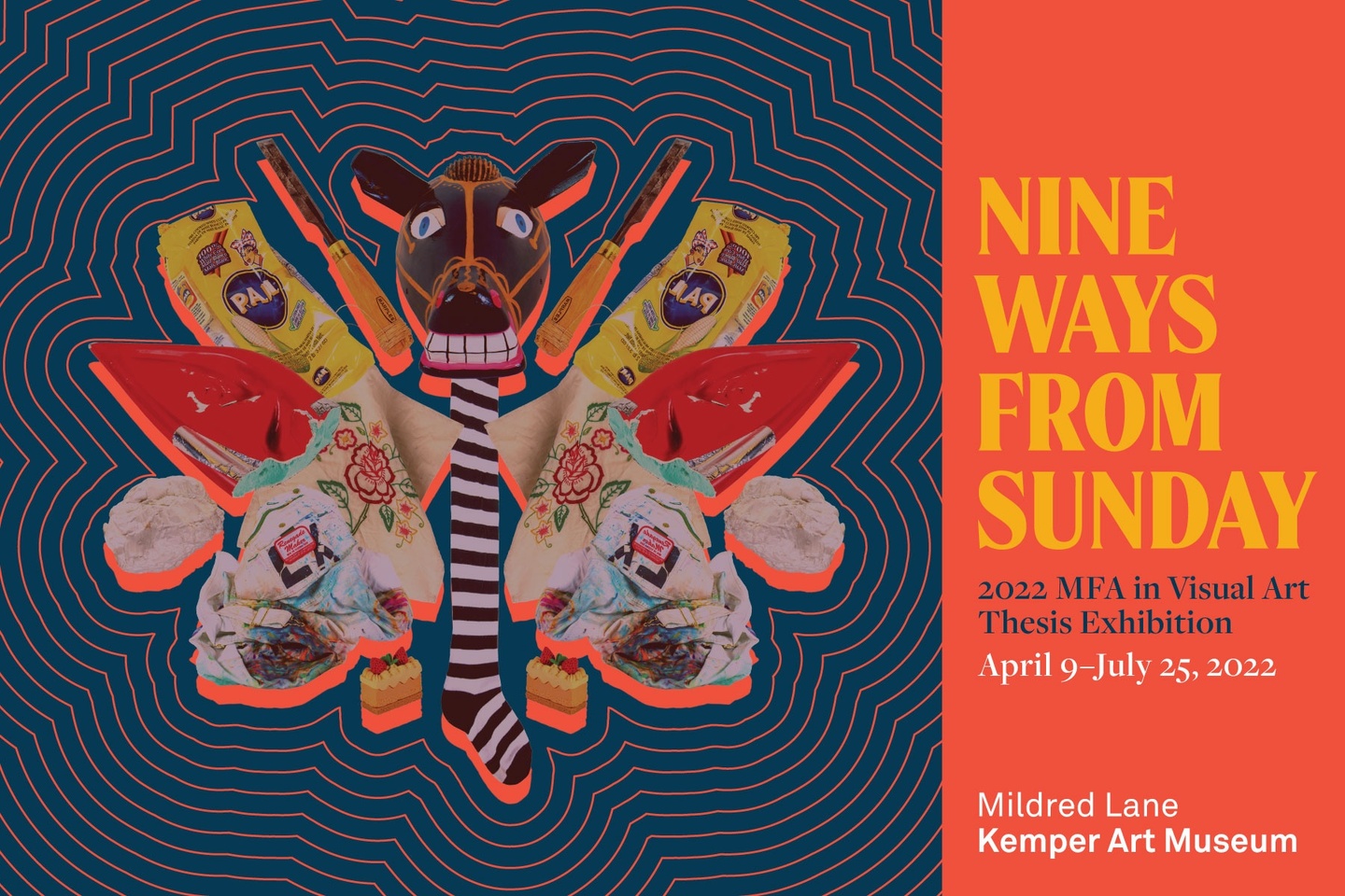 Mirrored graphic of strange objects surmounted by a wooden horse head with red lines radiating outwards. Text to the right reads "Nine Ways from Sunday: 2022 MFA in Visual Art Thesis Exhibition, April 9 through July 25, 2022."