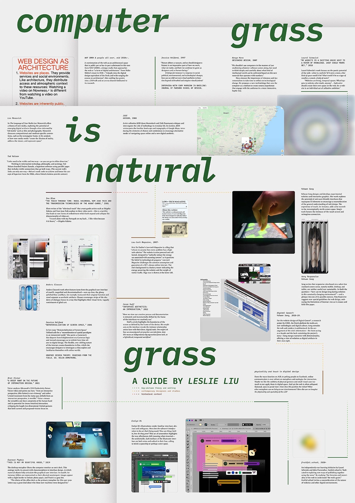 Poster with large text throughout reading "computer grass is natural grass." Smaller text below reads a guide by Leslie Liu. Smaller color images and black text blocks compose the remaining space.