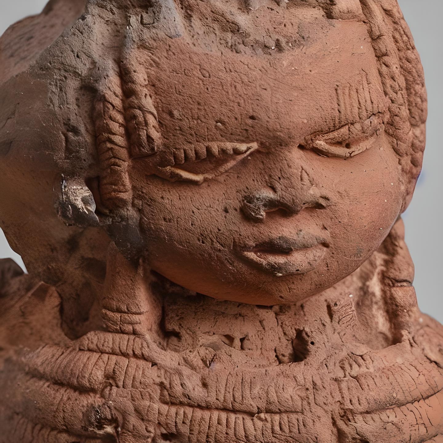 An AI-generated close up view of a sculpture showing a human face in what appears to be a terracotta material. The sculpture appears to be weathered a grayish brown color in patches.